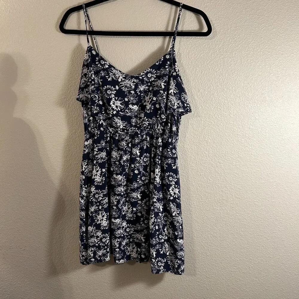 Women's Spring and Summer Navy Blue and White Printed Floral Dress with Ruffle